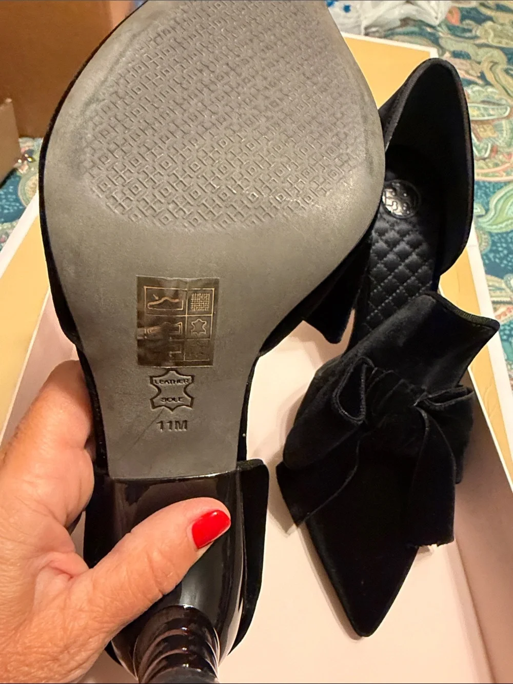 Tory Burch Black Velvet Pointed Toe Bow Flats
